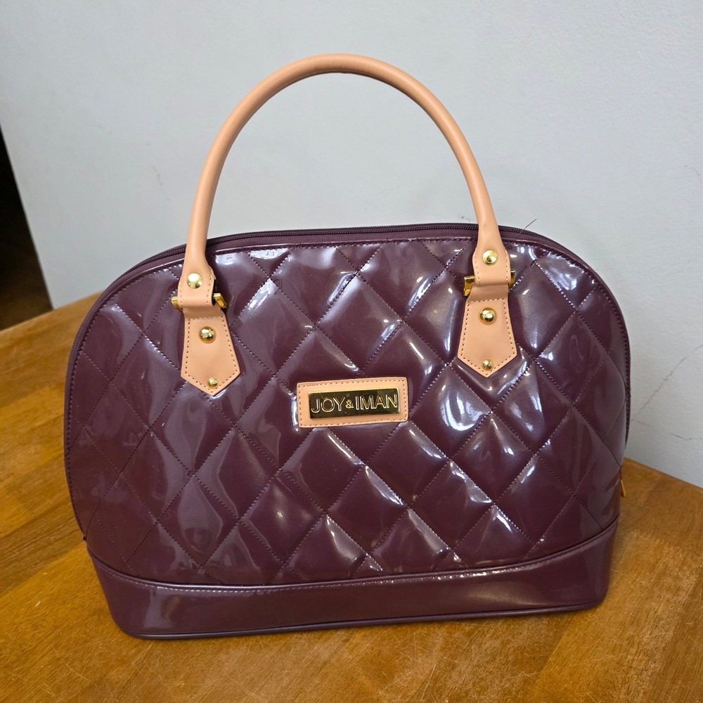 Joy & Iman Quilted Patent Leather Dome Satchel Bag Plum Purple Gold Hardware